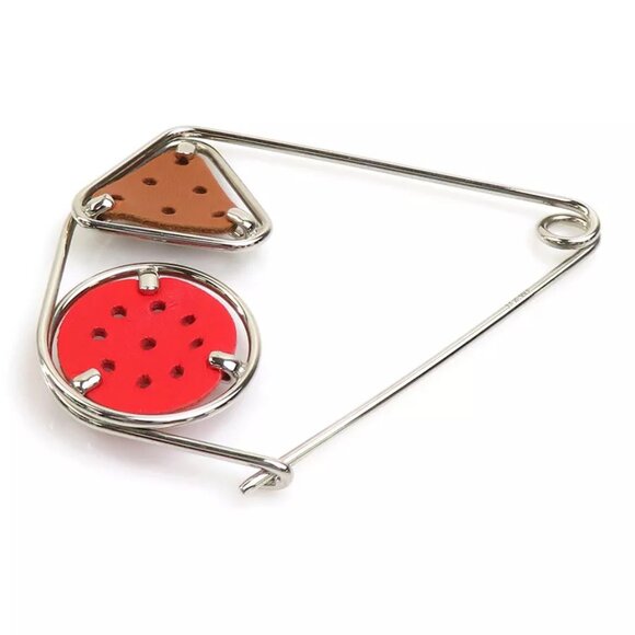 Auth LOEWE Brooch Red/Brown/Silver Leather/Metal - Picture 2 of 10